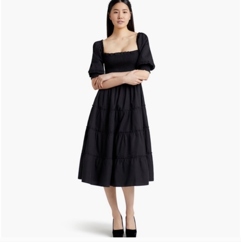 Hill House Nesli Nap Dress Black Swiss Dot Smocked Bodice Midi Size Large